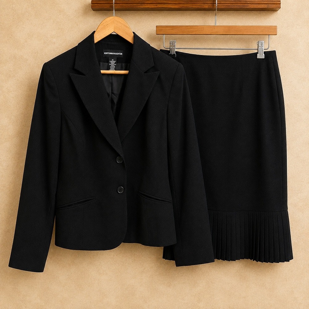 Norton McNaughton Black Red Pin Dot Skirt Suit Set Blazer Size 10 Skirt Size 8